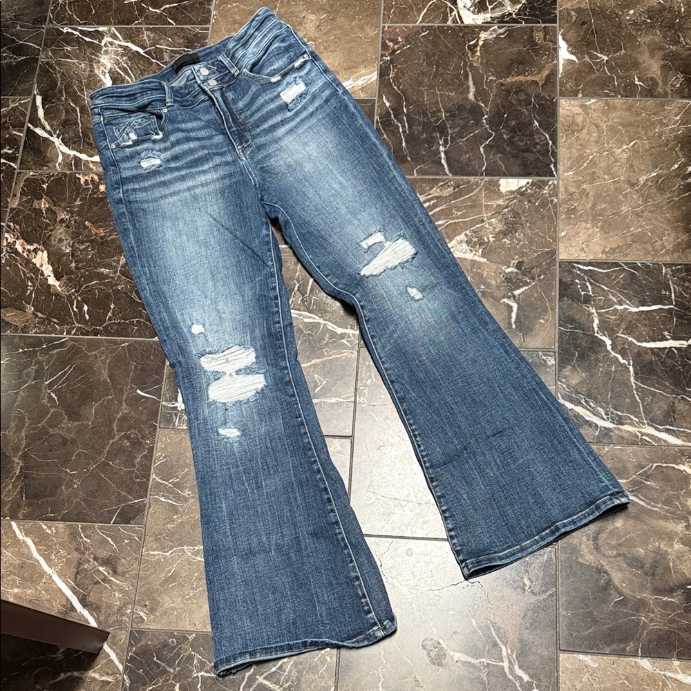 Buckle Flare Distressed Denim Jeans
